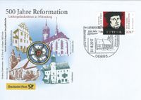 Deutschland: amtliche Kuverts mit Sonderstempel: Nr. 210d: 500 Jahre Reformation, Luthergedenkst&auml;tten, SSt Stadtkirche, Luther Briefmarken