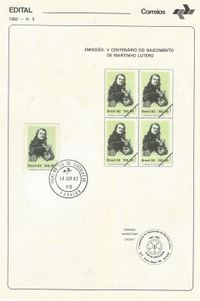 18.04.1983, 500 Jahre Martin Luther, Brasil, Brasilien, Luther Brasil, Lutero, Luther Briefmarken, 1983, ETB Martin Luther