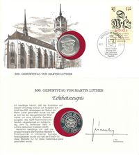 Titelseite Zerbster -Crannachbibel, DDR Block 73, Martin Luther, Blockausgabe, Monogramm, DML, Bilbel, Briefmarke, Luther Briefmarke, Numinsbrief