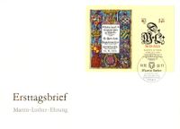 Titelseite Zerbster -Crannachbibel, DDR Block 73, Martin Luther, Blockausgabe, Monogramm, DML, Bilbel, Briefmarke, Luther Briefmarke