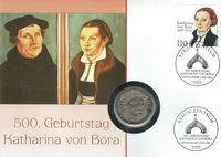 14.01.1999 BRD 500 Jahre Geburtstag Katharina von Bora - Numinisbrief mit 5 DM Silberm&uuml;nze Martin Luther von 1983
