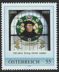 Gustav Adolf Kirche, LEOBEN, &Ouml;sterreich, Martin Luther, Luther Briefmarken, Luther Fenster