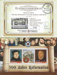 Luther-Rose, Martin Luther, Luther Briefmarken, goldene Lutherrose, FDC Block 500 Jahre Reformation &Ouml;sterreich, Martin Luther, Luther Briefmarken