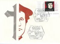 Tintenfass mit Schreibfeder, Tintenfleck, Teufelsgesicht, 28.05.2017 BRD &quot; 500 Jahre Reformation - Luther&quot; Sonderstempel L&ouml;hne, Stempellnummer 09/108, Luther Briefmarken