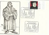 Junker J&ouml;rg, Ravensburg, Martin Luther, 23.06.2017 &quot;500 Jahre Reformation - Luther&quot; Sonderstempel Ravensburg, Stempelnummer 11/154, Luther Briefmarken