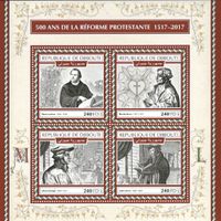 Markenbogen, Dschibuti, 500 Jahre Reformation, Luther Briefmarken, Mitreformatoren Luthers, John Calvin, William Farel, Ulrich Zwingli, Martin Bucer