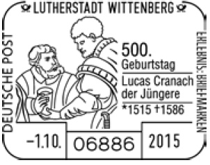 01.10.2015 Sonerstempel Lutherstadt Wittenberg 500. Geburtstag Lucas Cranach der J&uuml;ngere - Stempel-Nr. 18 300
