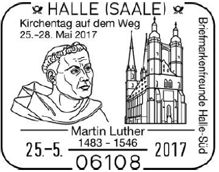 Luther Briefmarken, Unsere Lieben Frau zu Halle&ldquo;, Stempelnummer 09/106, 500 Jahre Reformation, Portrait, Martin Luther, Marktkirche Halle,