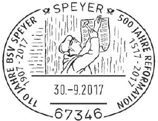 Luther Briefmarken, 30.09.2017 Speyer &quot;500 Jahre Reformation - Luther&quot; Stempelnummer 19/279, Thesenanschlag, 95 Thesen, Reformation