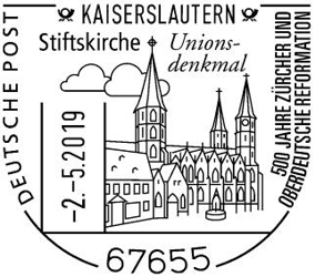 WAPPENSTEMPEL, Deutsche Post 500 JAHRE Z&Uuml;RCHER UND OBERDEUTSCHE REFORMATION, Stiftskirche Unions- denkmal, Motiv:	Stiftskirche Stempelnummer: 09/087