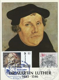 17. April 2017 Sonderstempel Worms 500 Jahre Luther vor Kaiser und Reich - Maximumkarte Sonderstempel Worms 30.10.1983 und 80 Cent Individual