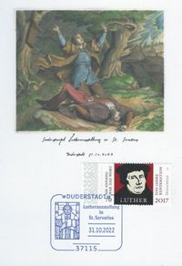 RECHTECKSTEMPEL, Lutherausstellung in St. Servatius, Lutherfenster in St. Servatius, Duderstadt, Stempelnummer: 22/156, Luther Briefmarken