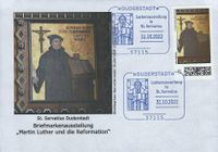 Diakon und Sammler David Scherger, RECHTECKSTEMPEL, Lutherausstellung in St. Servatius, Lutherfenster in St. Servatius, Duderstadt, Stempelnummer: 22/156, Luther Briefmarken