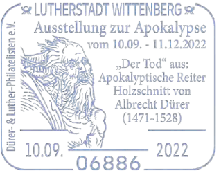 D&uuml;rer- &amp; Luther-Philatelisten e. V., Ausstellung zur Apokalypse, D&uuml;rer, Cranach, Haus Lucas Cranach d. J., Cranach Haus, Lutherstadt Wittenberg, Apokalyptischer Reiter, Holzschnitt von Albrecht D&uuml;rer