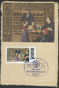 DEUTSCHE POST PHILATELIE 100 Jahre GLAUBE+HEIMAT, Motiv: Lutherrose und Logo der Kirchenzeitung Sonderstempelnummer: 00/034, Luther Briefmarken