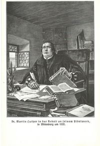 Luther beim Bibelstudium auf der Wartburg 1522; Luther in der Familie; Verlag, Druckerei: Fischer + Wittig Leipzig; Martin Luther