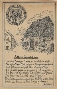 Martin Luther Briefmarken, Luthers Geburtshaus und Wappen Luthers, Verlag der Vaterl&auml;ndischen Verlags- und Kunstanstalt, Berlin GW61