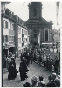1957 Worms Postkarte Prozession-Erinnerung an Luther-Thesen von 1517 Dreifaltigkeitskirche