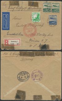 04.05.1936 Deutsche Luftpost Brief Hamburg Deutschland nach NordamerikaUnion NY - Mehrfachfrankatur - Deutsche Luftpost - Europa Nordamerika -mit Luftschiff Zeppelin Hindenburg - R&uuml;ckseite-05.09.1936 New York - 11.05.1936 Union NJ_